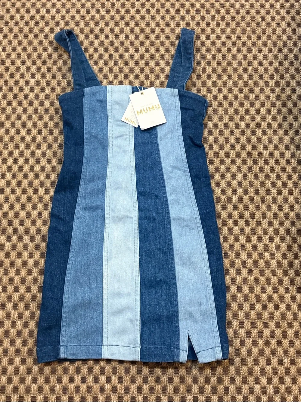 Show Me Your MuMu Striped Denim Patchwork Mini Dress in Light & Dark Blue - Picture 6 of 6